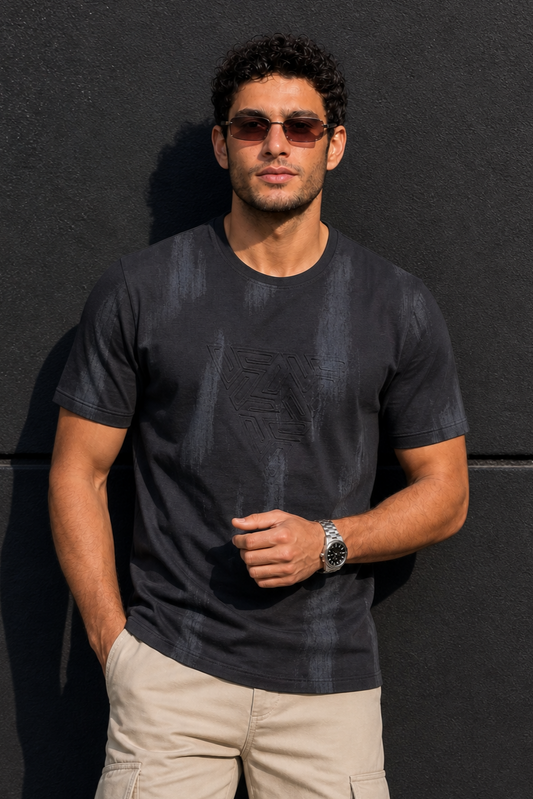 Men Black Embossed Geometric Printed Round Neck T-Shirt ATL80207
