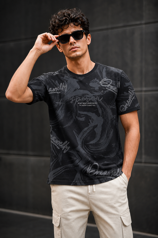 Men Black Graphic Printed Crew Neck T-Shirt ATL80206