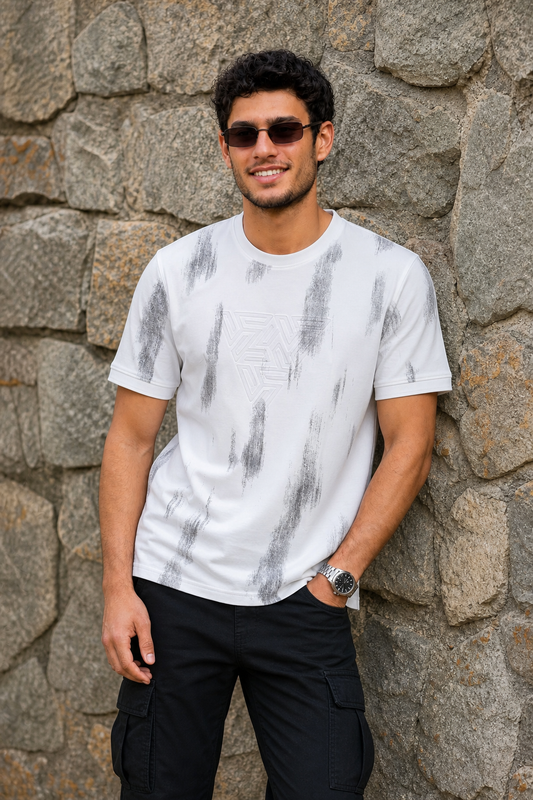 Men White Embossed Geometric Printed Round Neck T-Shirt ATL80207