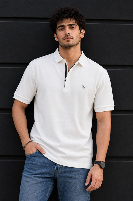 Men White Korean Style Zipper Neck Polo T-Shirt ATL5771