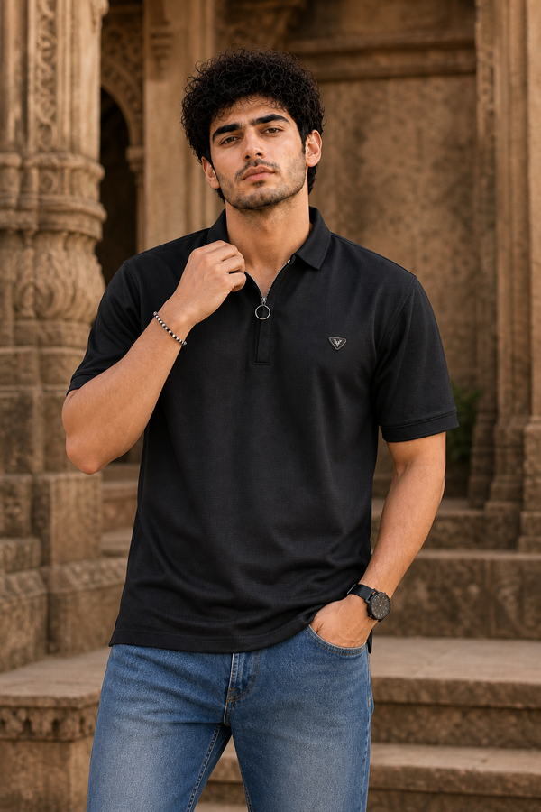 Men Black Korean Style Zipper Neck Polo T-Shirt ATL5771
