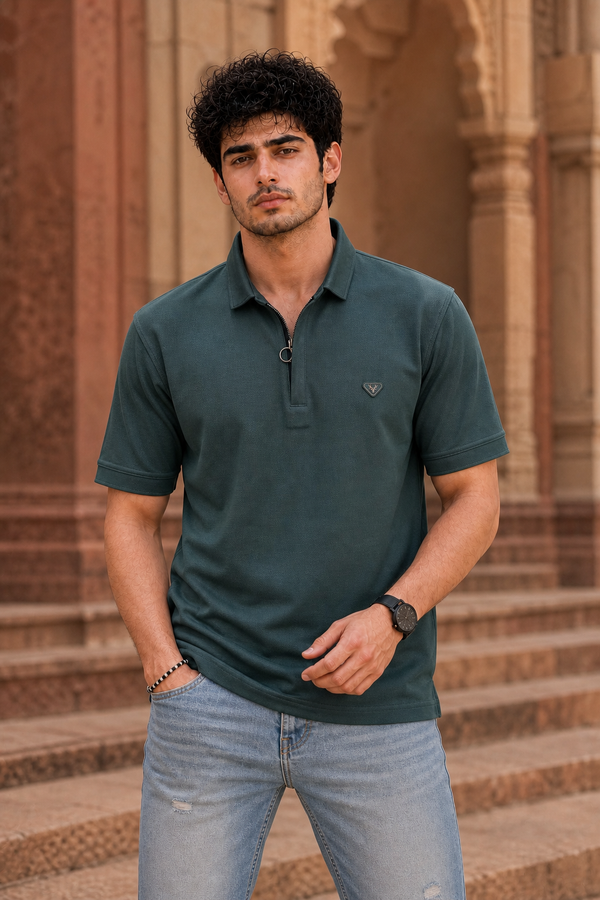 Men Bottle Green Korean Style Zipper Neck Polo T-Shirt ATL5771