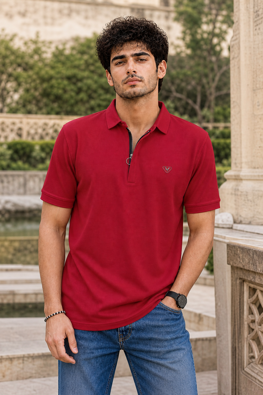 Men Maroon Korean Style Zipper Neck Polo T-Shirt ATL5771