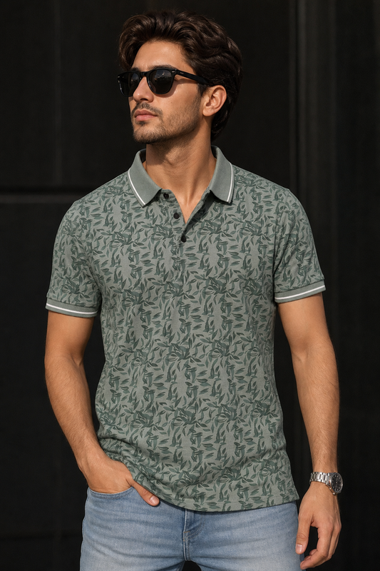 Men Pista Leaf Print Polo T-Shirt