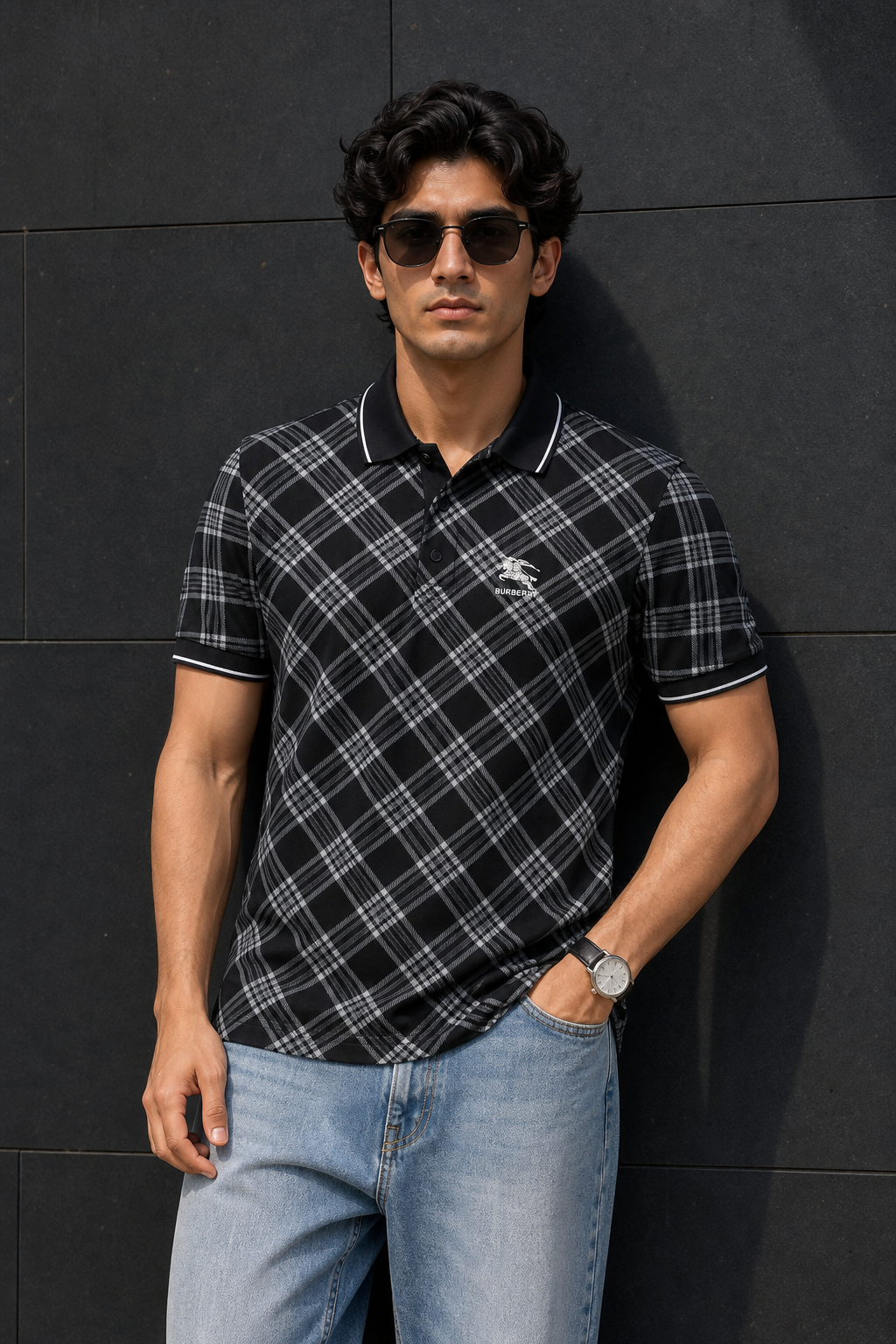 Men Black Checked Polo Tshirt - Half Sleeve 119