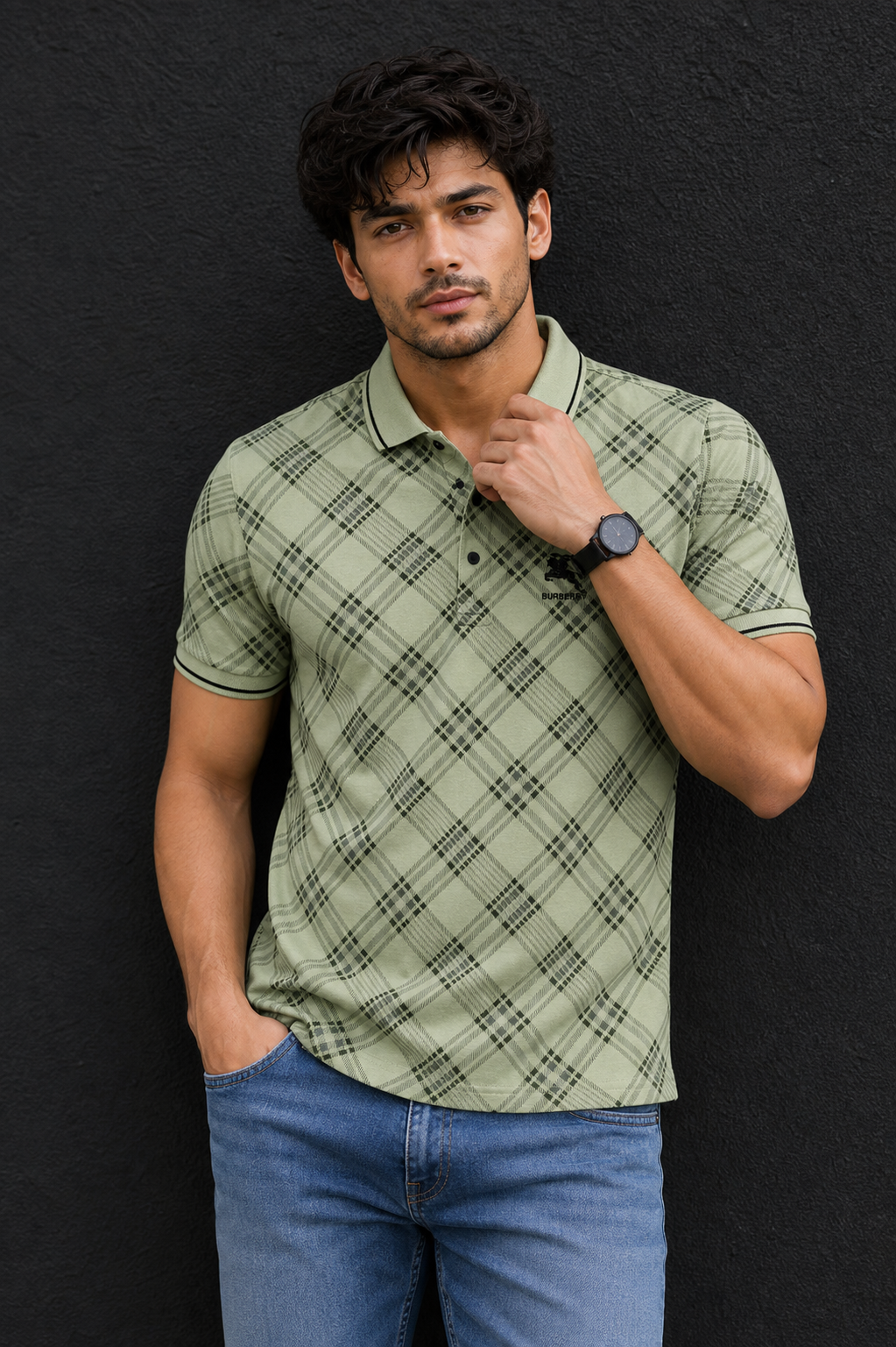 Men Green Checked Polo Tshirt - Half Sleeve 119