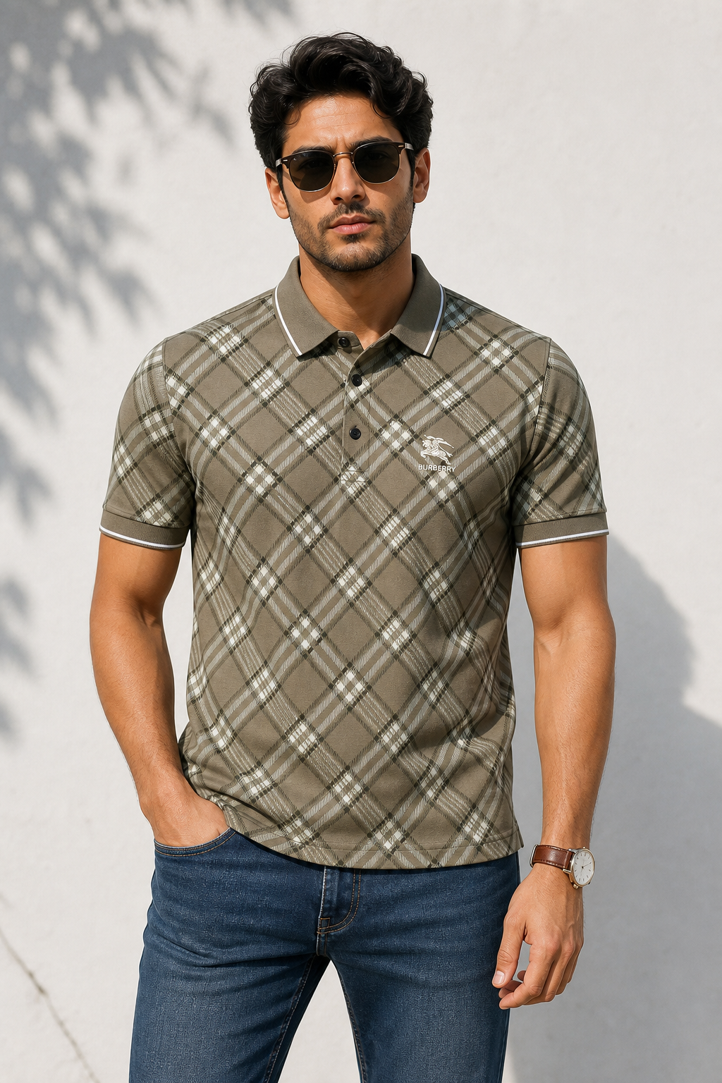 Men Olive Checked Polo Tshirt - Half Sleeve 119