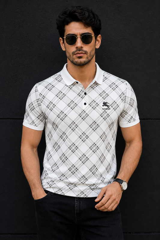 Men White Checked Polo Tshirt - Half Sleeve 119