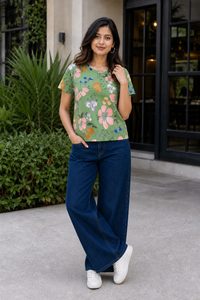 Women Green Floral Print Round Neck T-Shirt M-7236-13