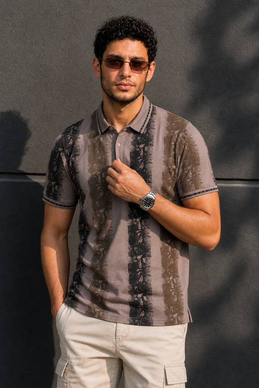 Men Black & Grey Printed Tipped Collar Polo T-Shirt With Snap Buttons ATL86624