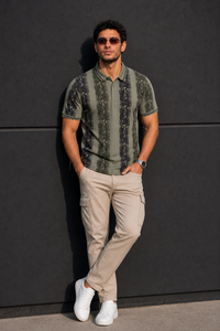 Men Black & Pista Printed Tipped Collar Polo T-Shirt With Snap Buttons ATL86624