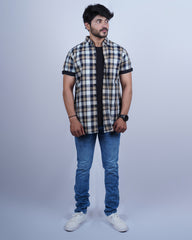 FAWN-WHITE COLOR CHECKS HALF SLEEVE CASUAL SHIRT