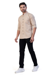 FAWN COLOR PLAIN STAND COLLAR CASUAL SHIRT
