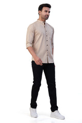 FAWN COLOR PLAIN STAND COLLAR CASUAL SHIRT