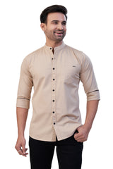 FAWN COLOR PLAIN STAND COLLAR CASUAL SHIRT