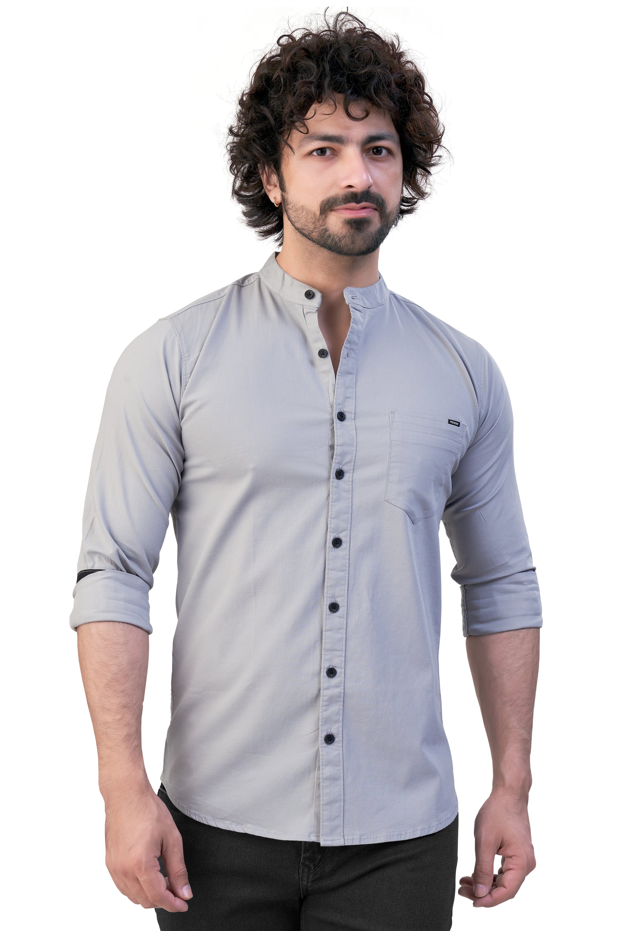 GREY COLOR PLAIN STAND COLLAR CASUAL SHIRT 57164