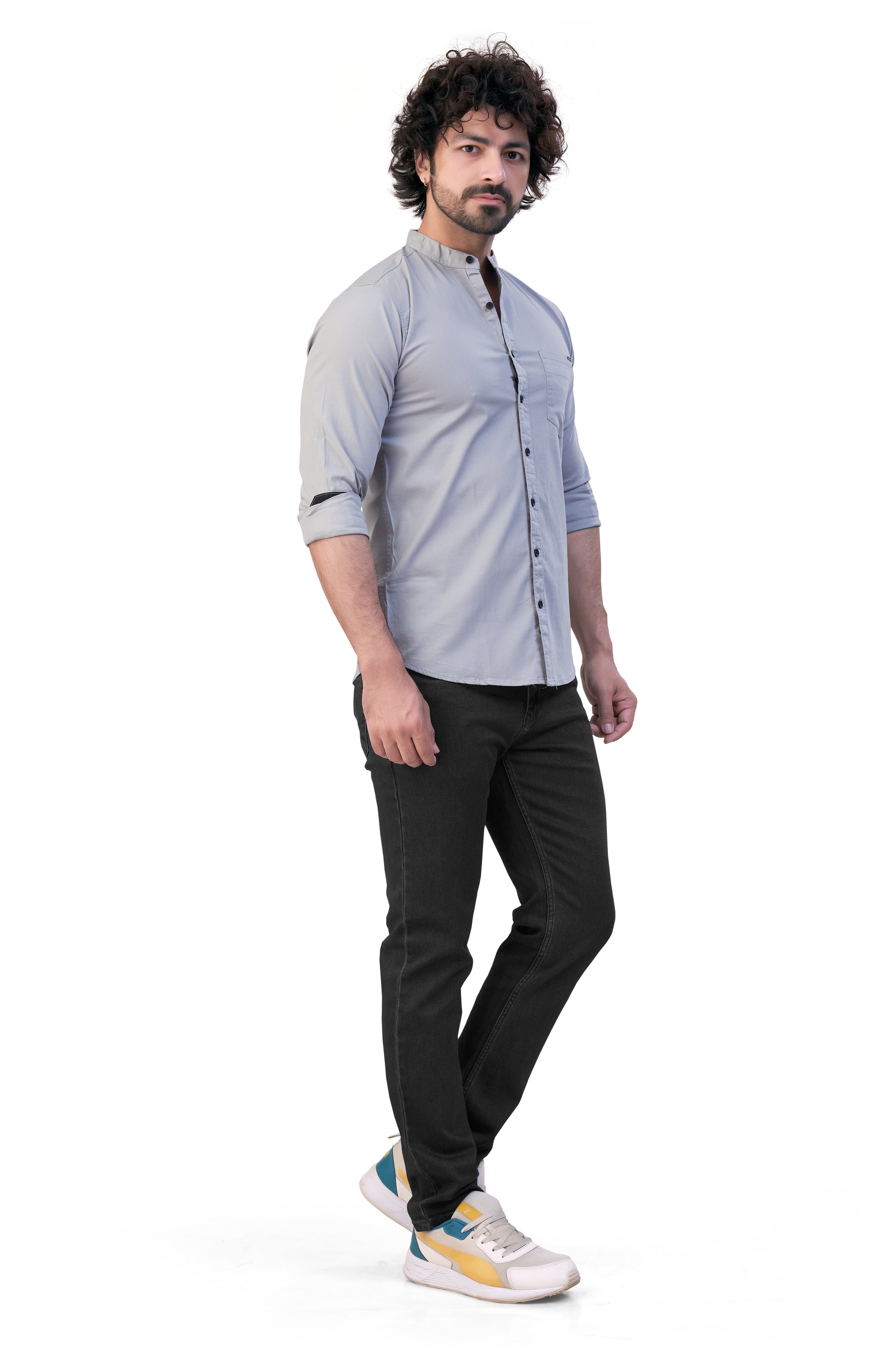 GREY COLOR PLAIN STAND COLLAR CASUAL SHIRT 57164