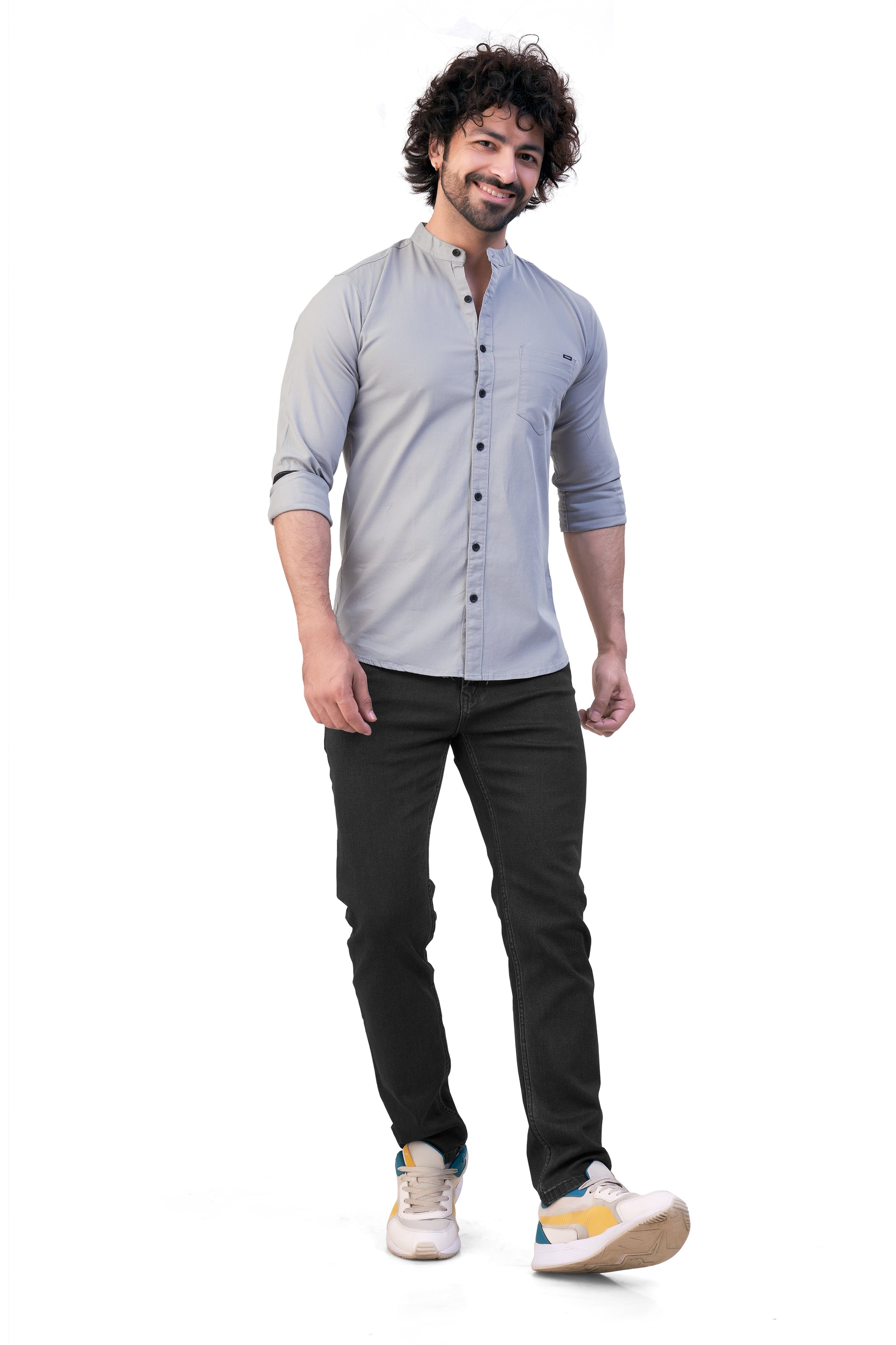 GREY COLOR PLAIN STAND COLLAR CASUAL SHIRT 57164