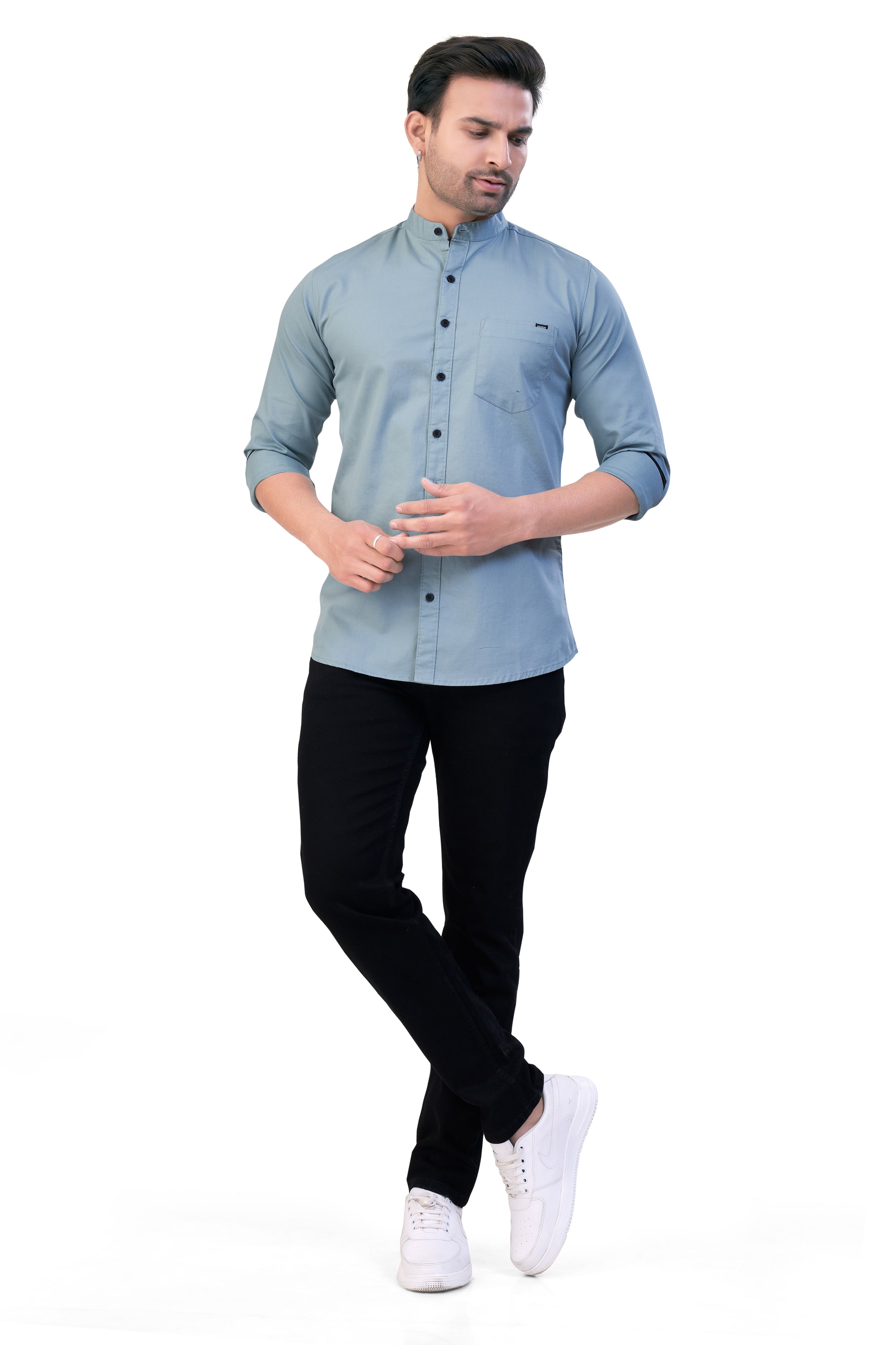DARK PISTA COLOR PLAIN STAND COLLAR CASUAL SHIRT 57164