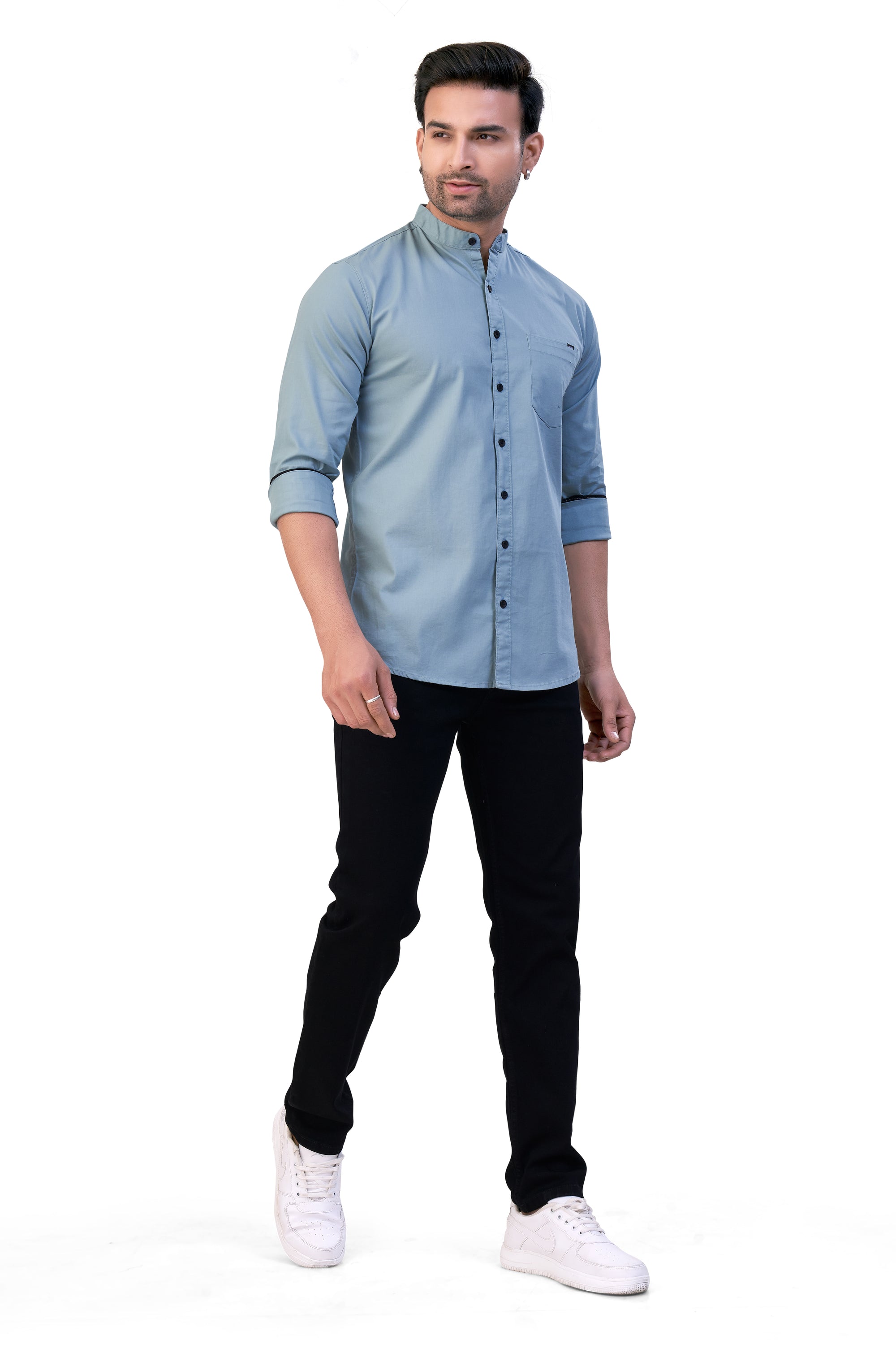 DARK PISTA COLOR PLAIN STAND COLLAR CASUAL SHIRT 57164
