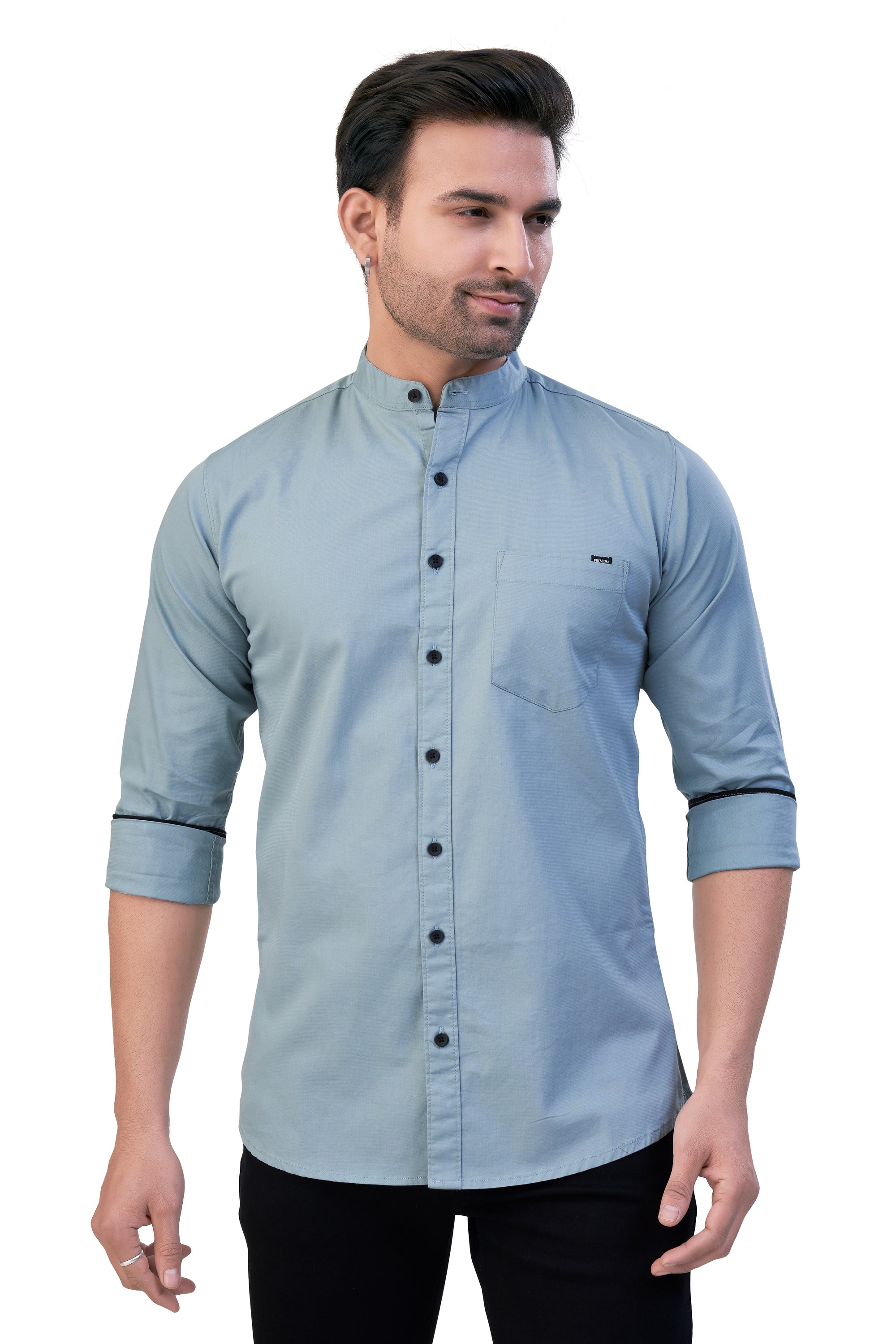 DARK PISTA COLOR PLAIN STAND COLLAR CASUAL SHIRT 57164