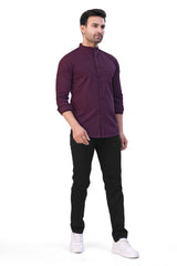 WINE COLOR PLAIN STAND COLLAR CASUAL SHIRT