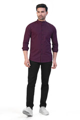 WINE COLOR PLAIN STAND COLLAR CASUAL SHIRT