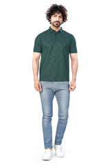 Green Trendy Printed Collar T-Shirt – Half Sleeves, Sinker Fabric