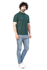 Green Trendy Printed Collar T-Shirt – Half Sleeves, Sinker Fabric
