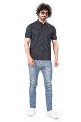 Black Trendy Printed Collar T-Shirt – Half Sleeves, Sinker Fabric