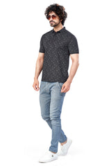 Black Trendy Printed Collar T-Shirt – Half Sleeves, Sinker Fabric