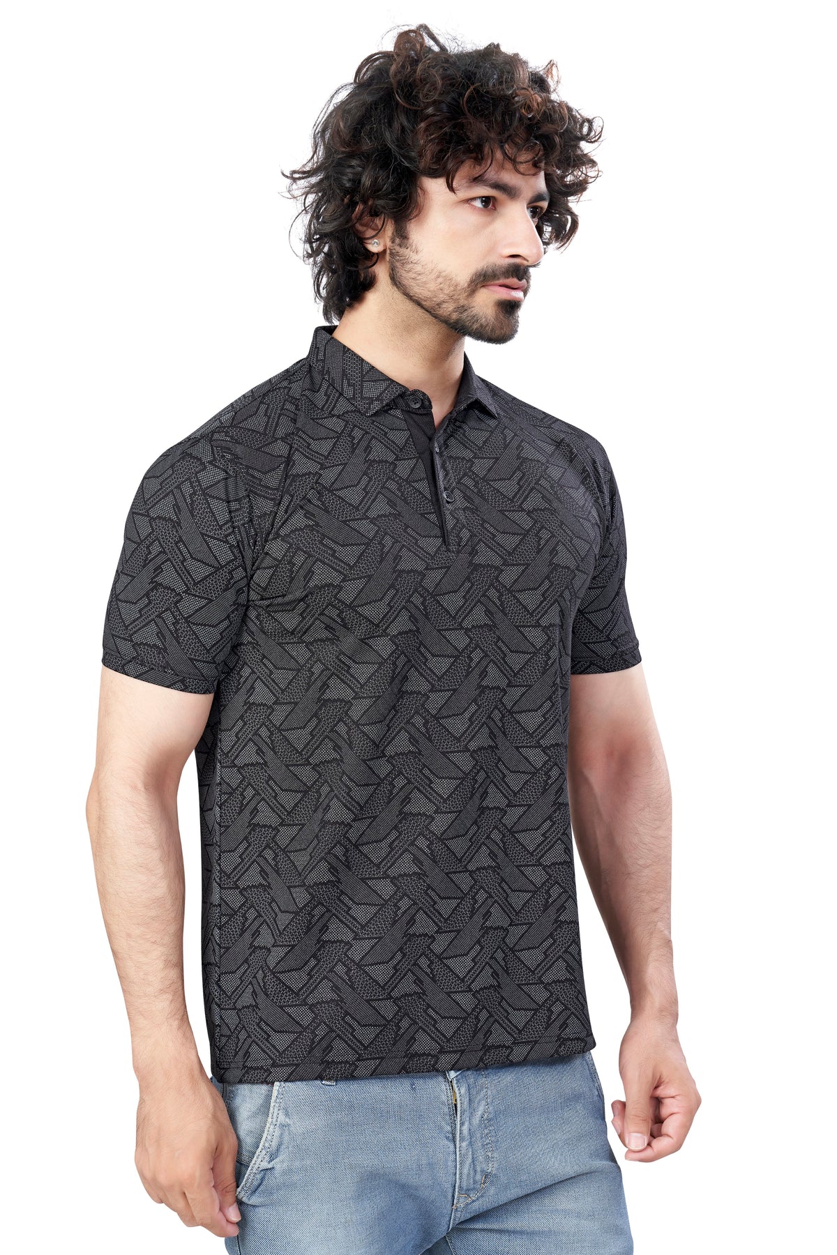 Black Trendy Printed Collar T-Shirt – Half Sleeves, Sinker Fabric