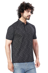 Black Trendy Printed Collar T-Shirt – Half Sleeves, Sinker Fabric