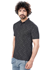 Black Trendy Printed Collar T-Shirt – Half Sleeves, Sinker Fabric