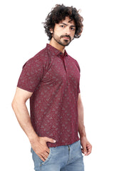Maroon Trendy Printed Collar T-Shirt – Half Sleeves, Sinker Fabric