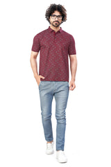 Maroon Trendy Printed Collar T-Shirt – Half Sleeves, Sinker Fabric