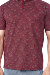 Maroon Trendy Printed Collar T-Shirt – Half Sleeves, Sinker Fabric