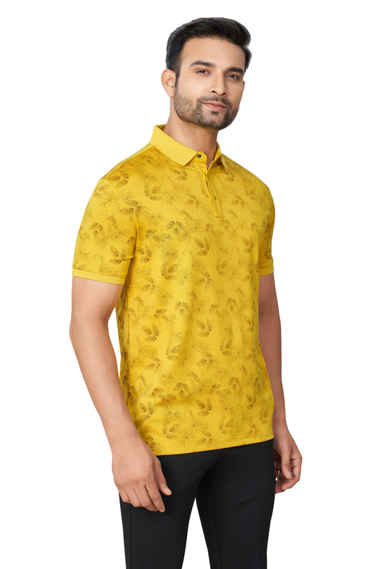 MUSTARD COLOUR PRINTED COLLARED HALF SLEEVES TSHIRT