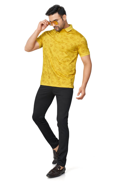 MUSTARD COLOUR PRINTED COLLARED HALF SLEEVES T-Shirt