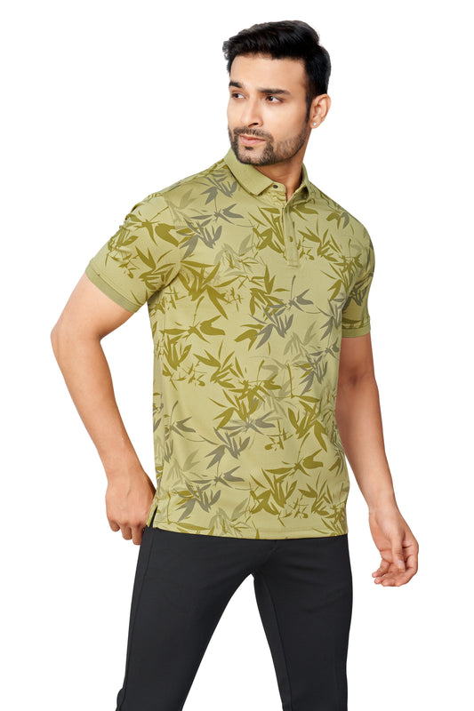 PGREEN COLOUR PRINTED COLLARED HALF SLEEVES TSHIRT