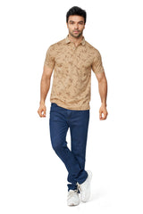 FAWN COLOUR PRINTED COLLARED HALF SLEEVES TSHIRT