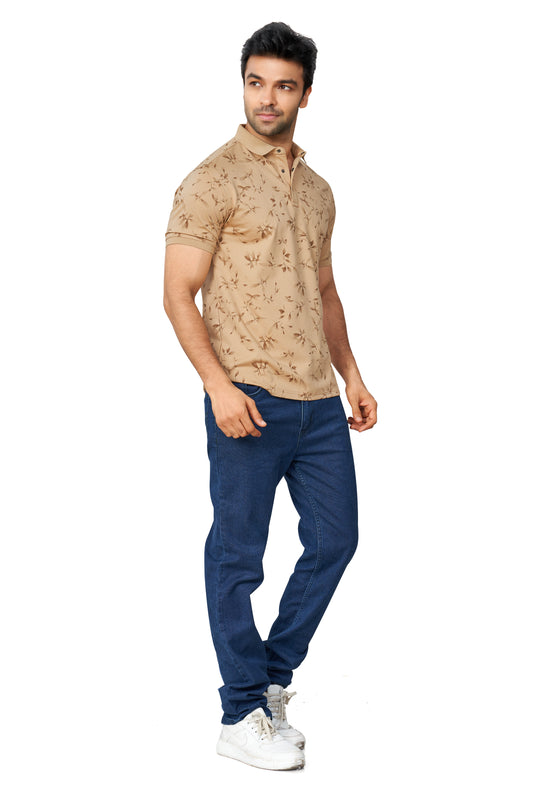 FAWN COLOUR PRINTED COLLARED HALF SLEEVES TSHIRT