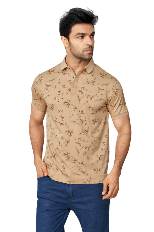 FAWN COLOUR PRINTED COLLARED HALF SLEEVES TSHIRT