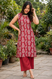 Women Onion & Maroon Ikat Printed Sleeveless Kurta & Plazo Coord Set SHALINI-285