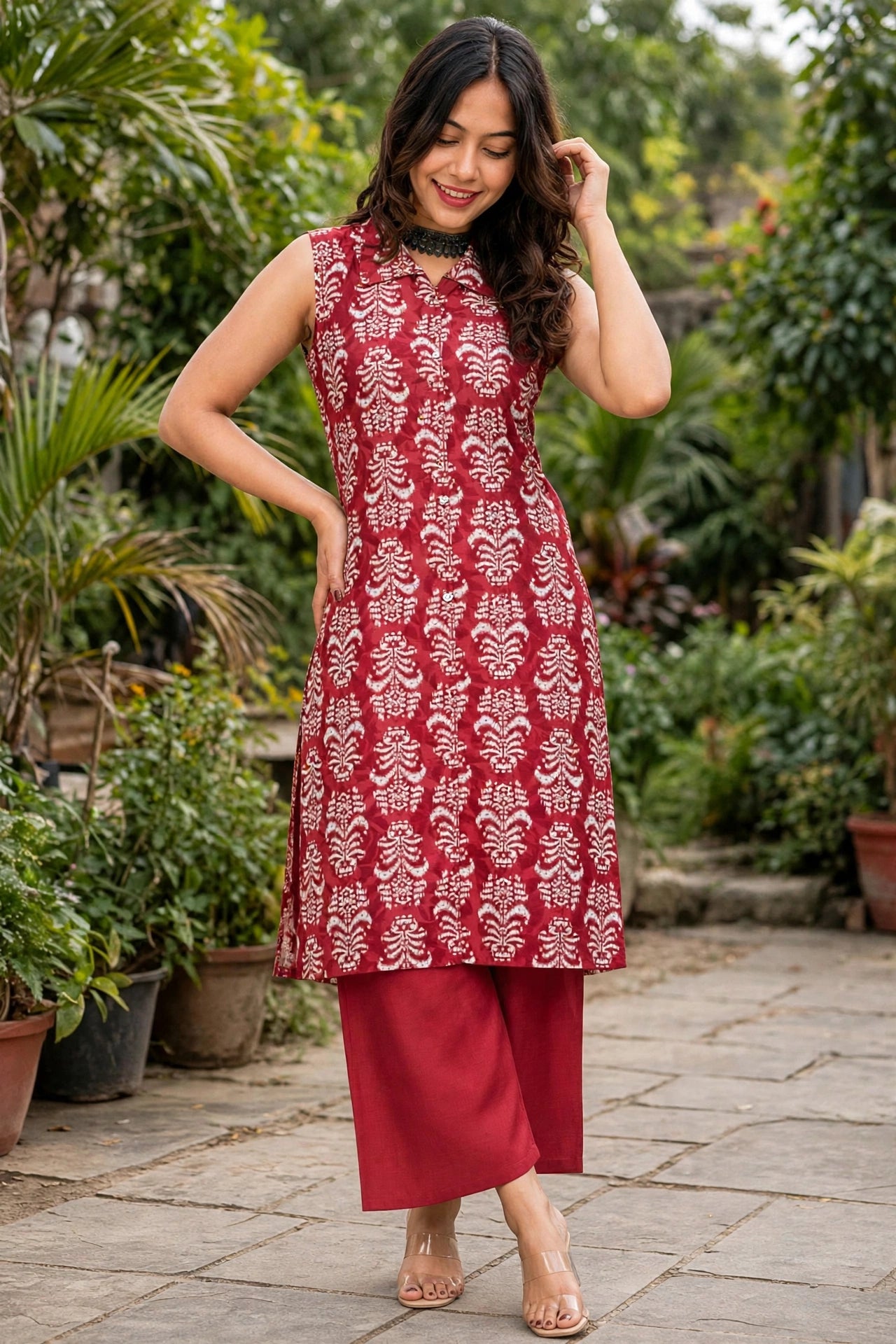 Women Onion & Maroon Ikat Printed Sleeveless Kurta & Plazo Coord Set SHALINI-285