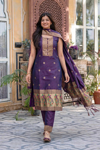 Women Purple Banarasi Silk Sleeveless Paithani Suit | Peacock Zari Work Straight Kurta Pant Dupatta Set ATL1001