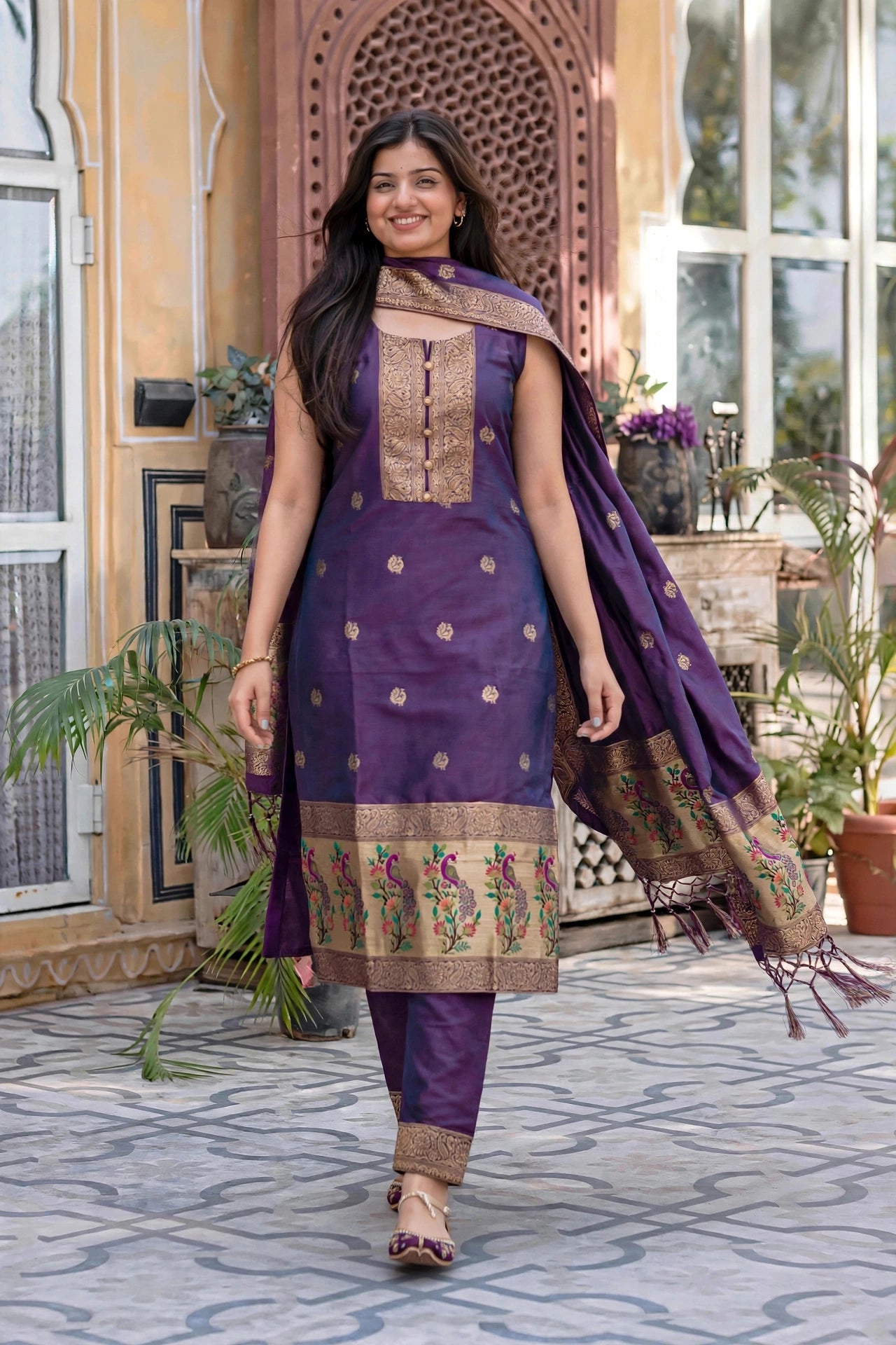 Women Purple Banarasi Silk Sleeveless Paithani Suit | Peacock Zari Work Straight Kurta Pant Dupatta Set ATL1001