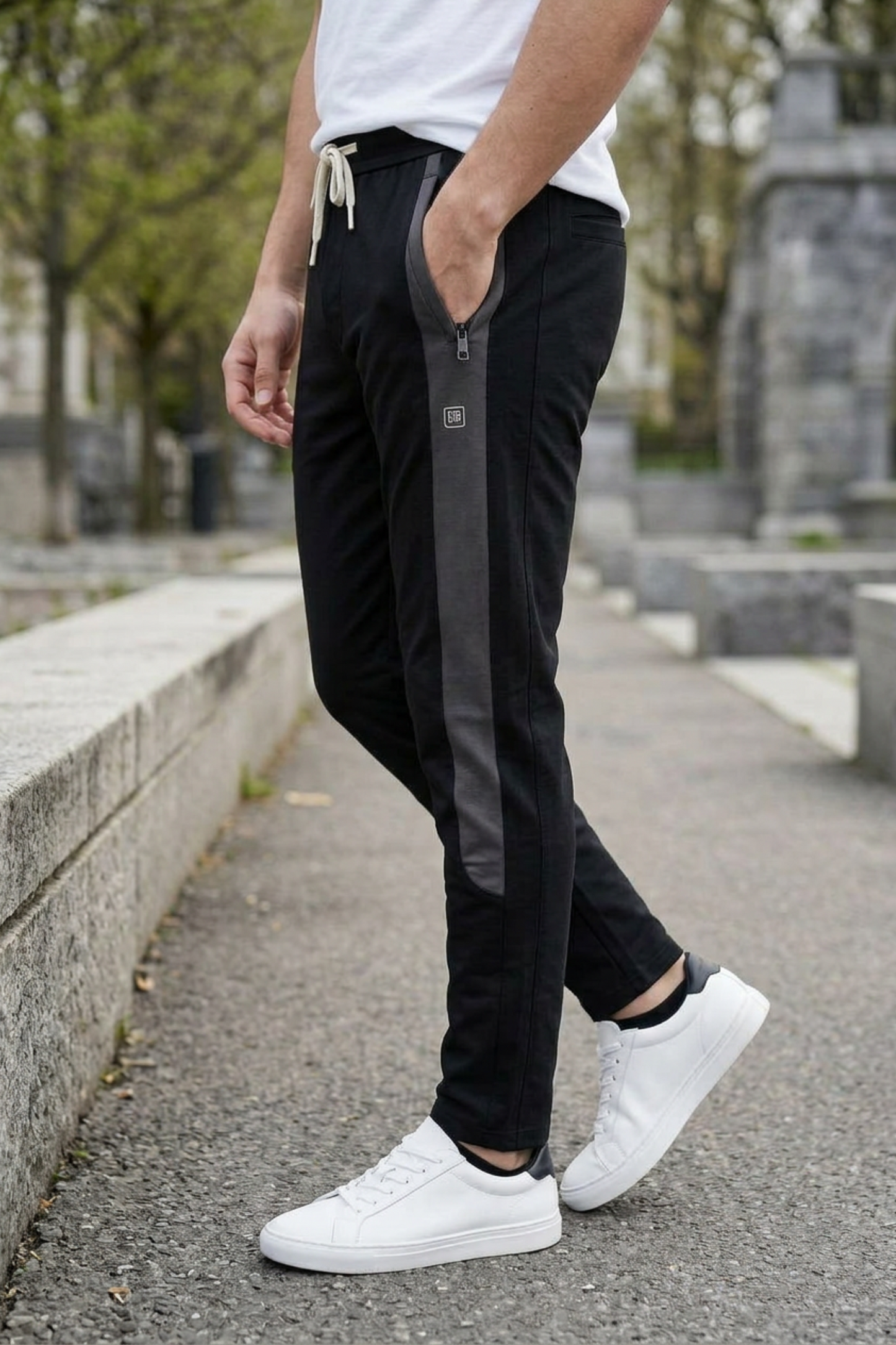 Men Casual & Gym Wear Track Pants – Black Slim Fit with Side Zipper 106
