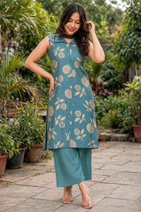 Women Pista Rose Printed Sleeveless Kurta & Plazo Coord Set SHALINI-275