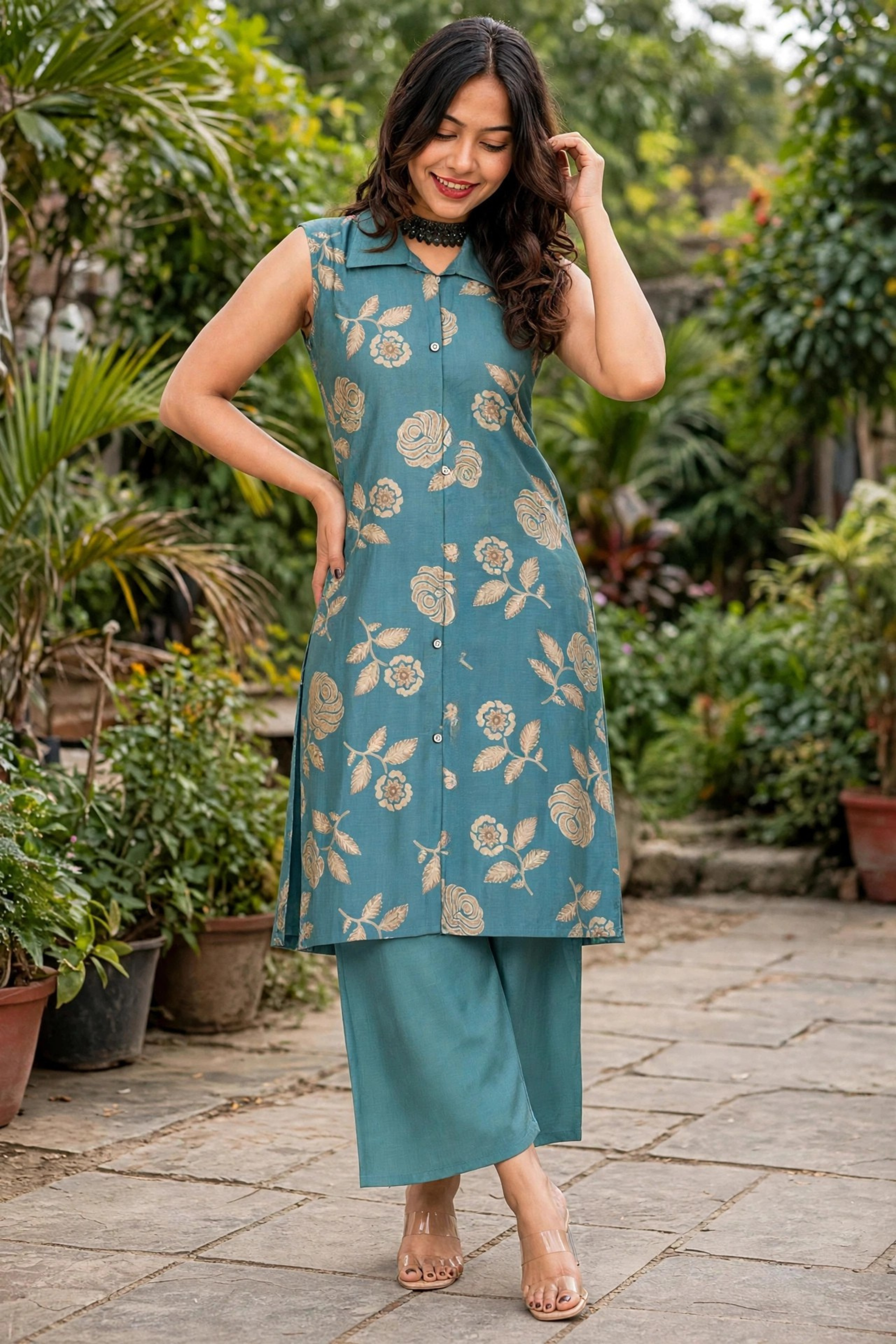Women Pista Rose Printed Sleeveless Kurta & Plazo Coord Set SHALINI-275